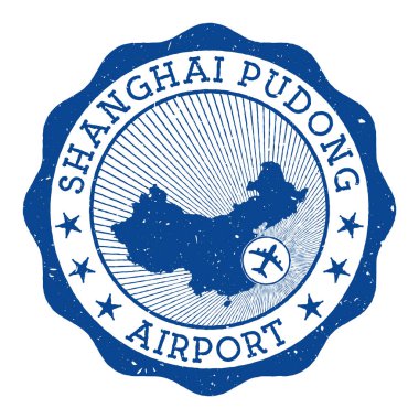 Şangay Pudong Havaalanı damgalı. Şangay Havaalanı yuvarlak logosu. Üzerinde Çin haritası var.