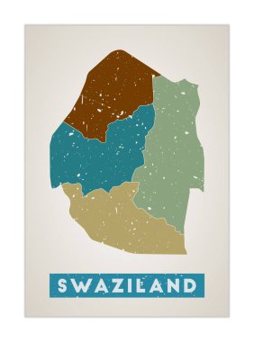 Svaziland harita ülke posteri ile bölgeler Eski grunge doku Svaziland ile ülke
