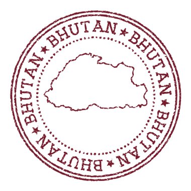 Bhutan yuvarlak kauçuk damgası ile ülke haritası Dairesel metin ve yıldızlı klasik kırmızı pasaport damgası