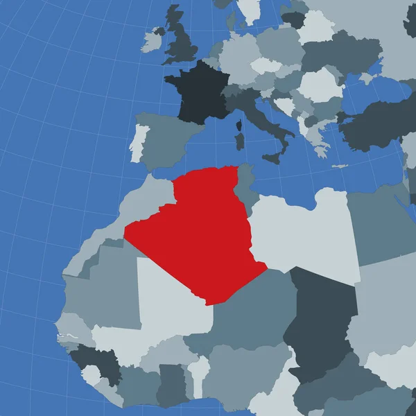 Tvar Alžírska v kontextu sousedních zemí Země zvýrazněná červenou barvou na světě — Stockový vektor