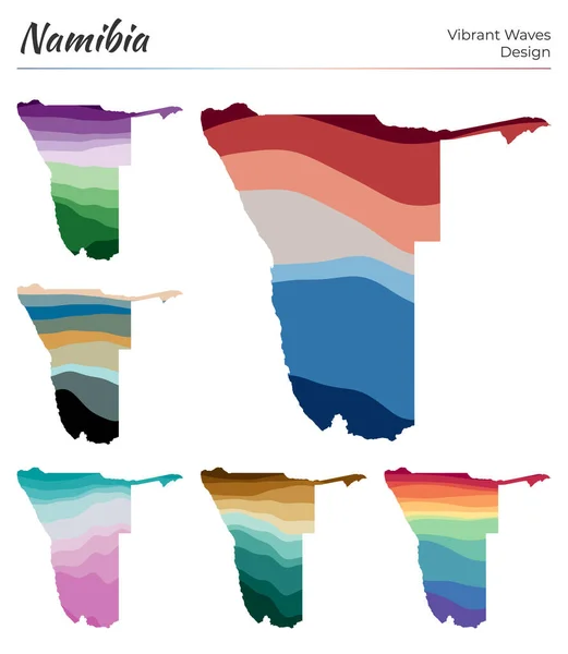 Conjunto de mapas vetoriais da Namíbia Design de ondas vibrantes Mapa brilhante do país em geométrico liso —  Vetores de Stock