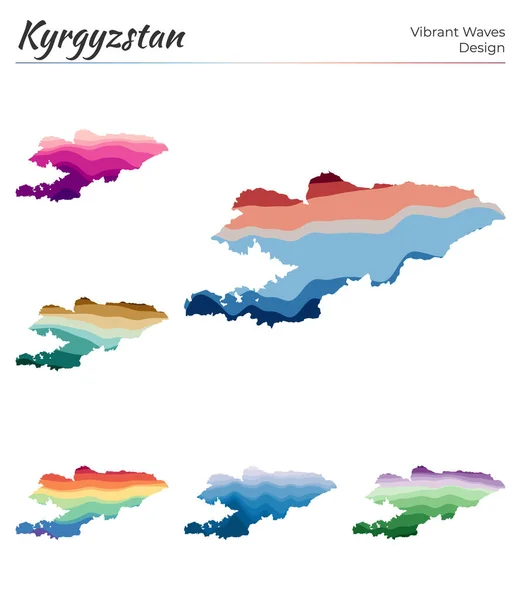Conjunto de mapas vectoriales de Kirguistán Diseño de ondas vibrantes Mapa brillante del país en geometría lisa — Vector de stock