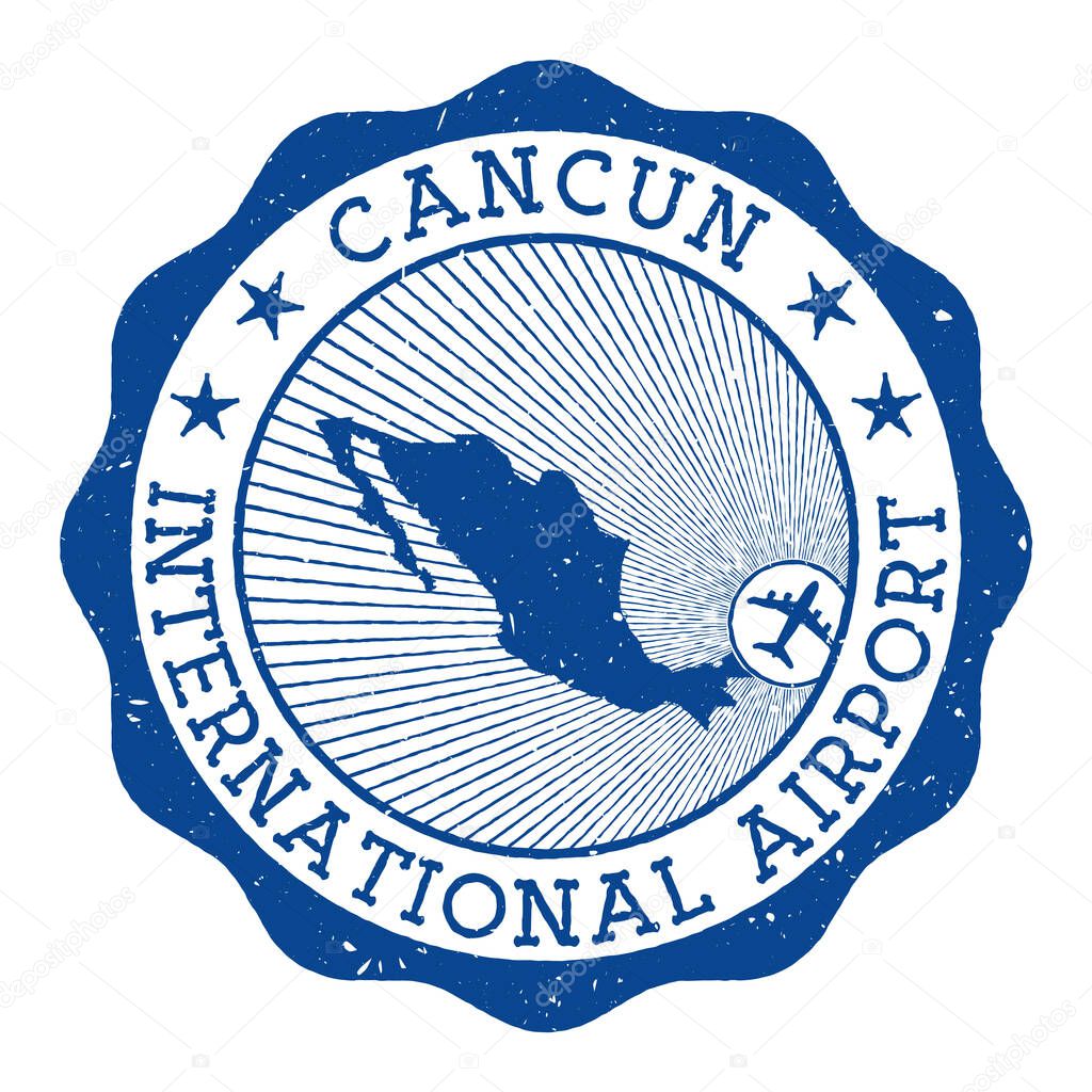 Cancun International Airport stamp Airport of Cancun round logo with location on Mexico map marked