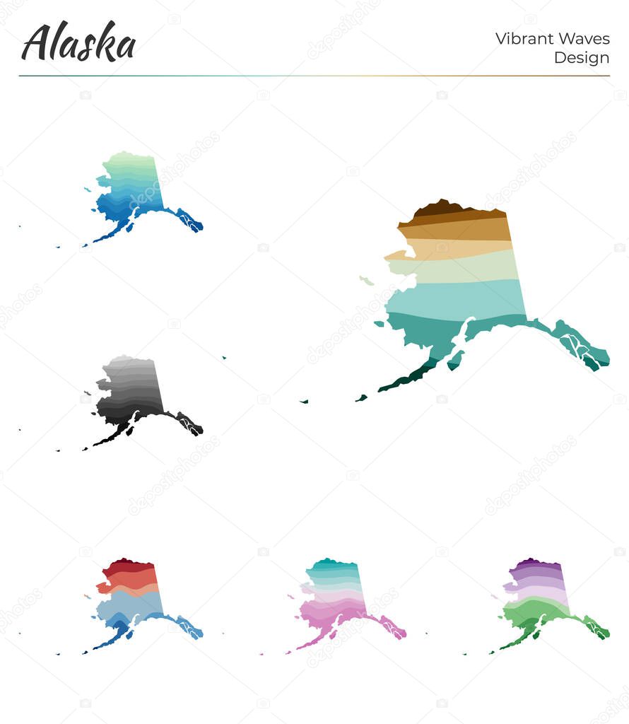 Set of vector maps of Alaska Vibrant waves design Bright map of us state in geometric smooth
