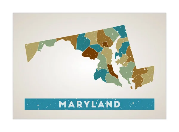 Maryland Haritası. Bölgeli eyalet posteri. Maryland 'in eski grunge desenli şekli. — Stok Vektör