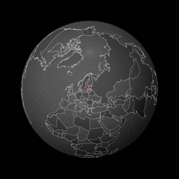 Globo oscuro centrado en Letonia País resaltado con color rojo en el mapa mundial Mundo satélite — Archivo Imágenes Vectoriales