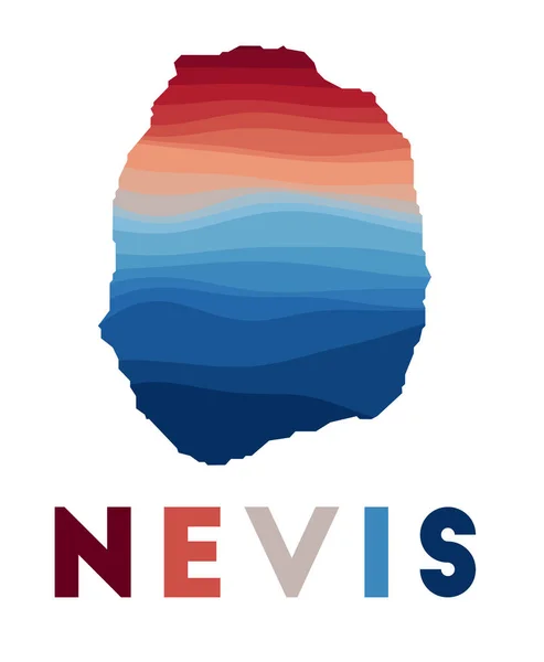 Nevis kaart Kaart van het eiland met prachtige geometrische golven in rood blauwe kleuren Levendige Nevis vorm — Stockvector