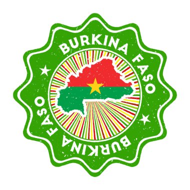 Burkina Faso yuvarlak grunge damgası ülke haritası ve dairesel metin ile ülke bayrağı vintage rozeti