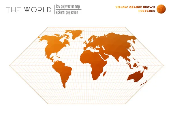 Mappa del mondo poligonale Eckert I proiezione del mondo Poligoni di colore giallo arancio marrone — Vettoriale Stock