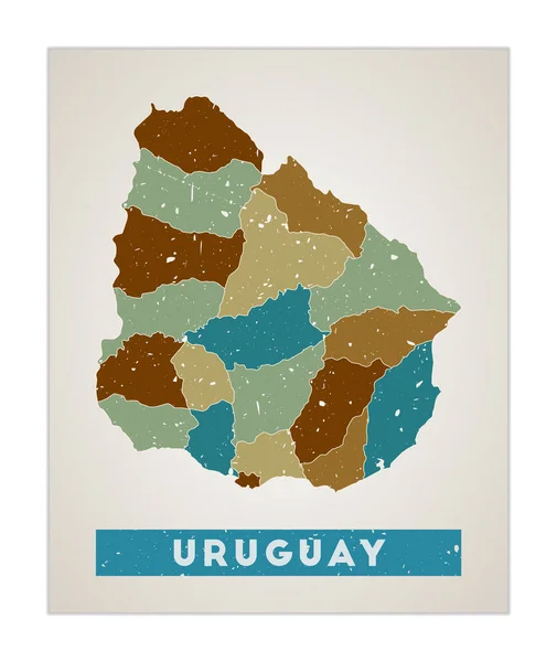 Mapa de Uruguay Afiche de país con regiones Textura grunge antigua Forma de Uruguay con nombre de país — Vector de stock