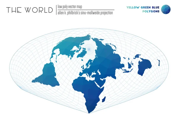 Lage poly wereldkaart Allen K Philbricks SinuMollweide projectie van de wereld Geel Groen Blauw — Stockvector