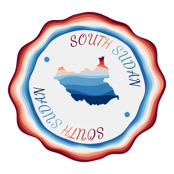 Emblema do Sudão do Sul Mapa do país com belas ondas geométricas e moldura azul vermelho vibrante — Vetor de Stock