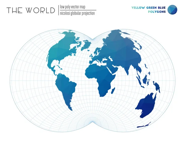 Wereldkaart met levendige driehoeken Nicolosi bolvormige projectie van de wereld Geel Groen Blauw — Stockvector