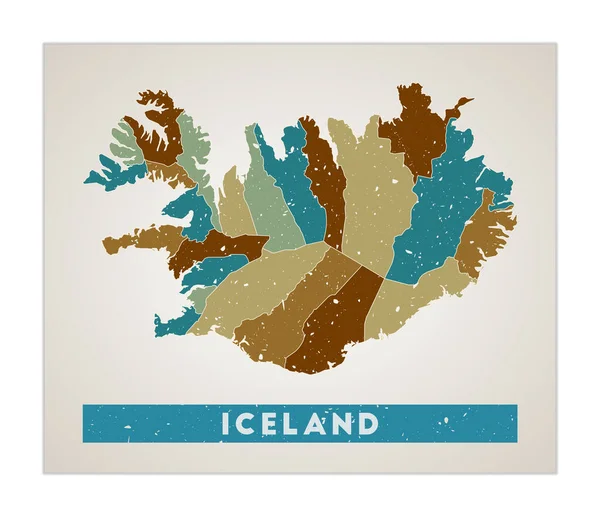 İzlanda Harita Ülke posteri ile bölgeler İzlanda 'nın eski grunge desen şekli ülke adı ile