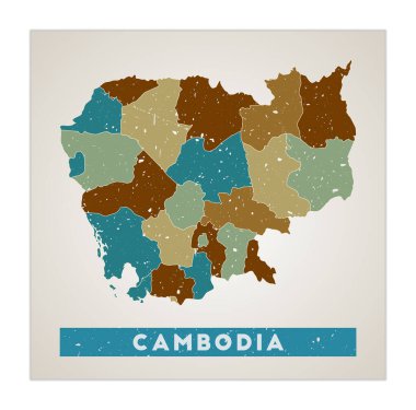 Kamboçya Haritası Ülke posteri bölgeleri ile Kamboçya 'nın eski grunge desen şekli ülke adı ile