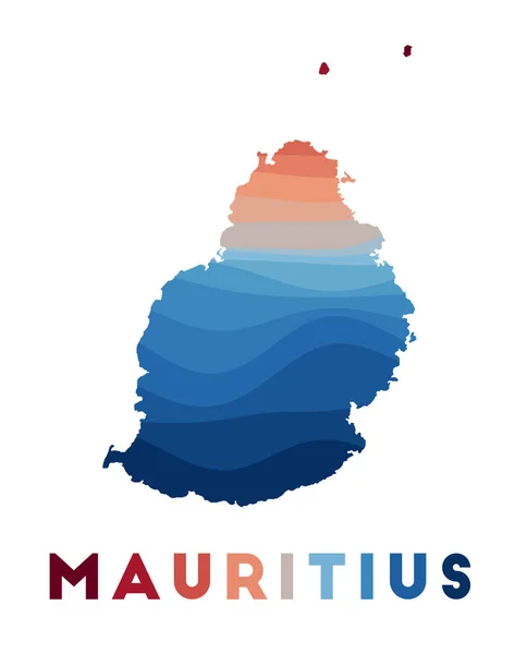 Mapa de Mauricio Mapa de la isla con hermosas olas geométricas en colores azules rojos Vivid Mauricio — Vector de stock