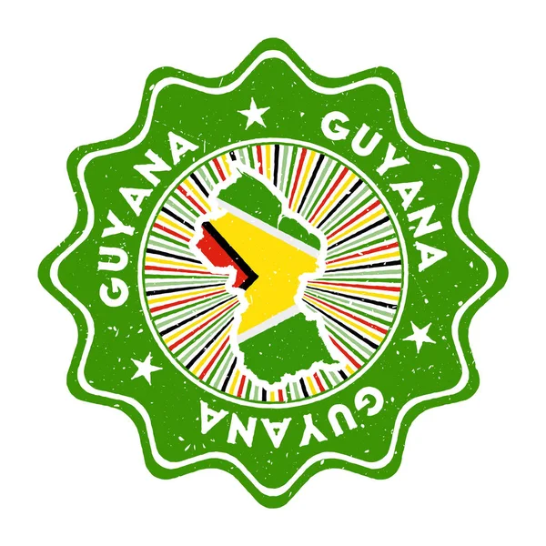 Guyana timbro grunge rotondo con mappa del paese e bandiera del paese Badge vintage con testo circolare e — Vettoriale Stock