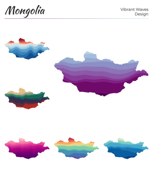 Conjunto de mapas vectoriales de Mongolia Diseño de ondas vibrantes Mapa brillante del país en suave geométrico — Vector de stock