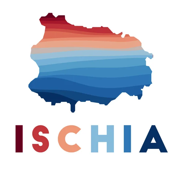Mapa Ischia Mapa ostrova s krásnými geometrickými vlnami v červených modrých barvách Živý tvar Ischia — Stockový vektor