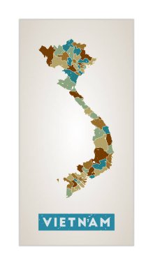 Vietnam Haritası Ülke posteri. Bölgeli. Vietnam 'ın eski grunge desenli şekli.