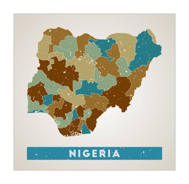Nijerya Haritası Ülke posteri ve bölgeleri. Nijerya 'nın eski grunge deseni ve ülke adı