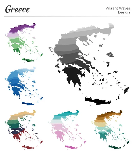 Σύνολο διανυσματικών χαρτών της Ελλάδας Σχεδιασμός έντονων κυμάτων Φωτεινός χάρτης της χώρας σε γεωμετρικές ομαλές καμπύλες — Διανυσματικό Αρχείο