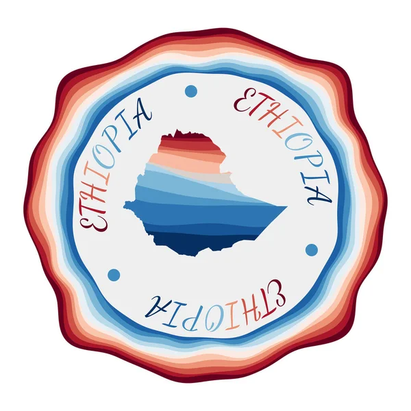 Ethiopië badge Kaart van het land met prachtige geometrische golven en levendig rood blauw frame Levendig — Stockvector