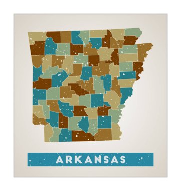 Arkansas haritası. Arkansas 'ın eski grunge desenli posterleri.