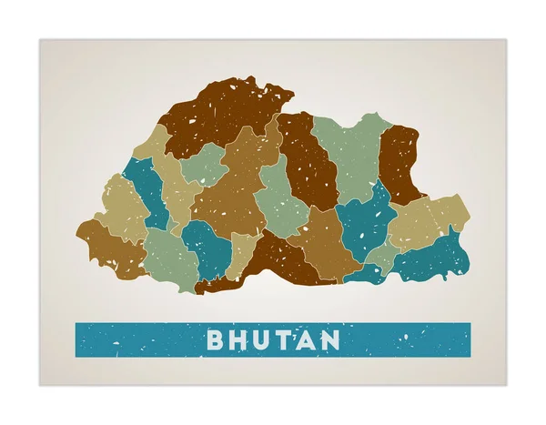 Bhutan karta Land affisch med regioner Gamla grunge textur Form av Bhutan med landsnamn — Stock vektor