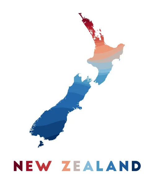 Kırmızı mavi renkli güzel geometrik dalgalarla yeni Zelanda haritası — Stok Vektör