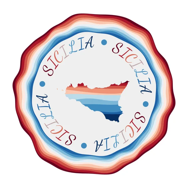 Insignia de Sicilia Mapa de la isla con hermosas olas geométricas y vibrante marco azul rojo Vivid — Vector de stock
