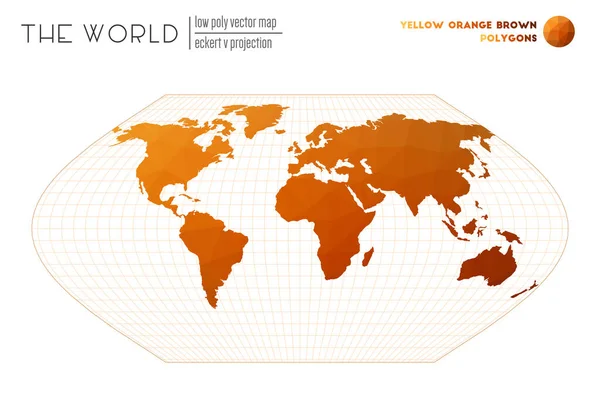 Mappa poligonale del mondo Eckert V proiezione del mondo Poligoni di colore giallo arancio marrone — Vettoriale Stock