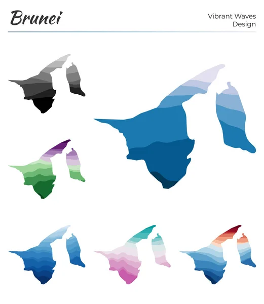 Conjunto de mapas vectoriales de Brunei Diseño de ondas vibrantes Mapa brillante del país en curvas geométricas lisas — Archivo Imágenes Vectoriales