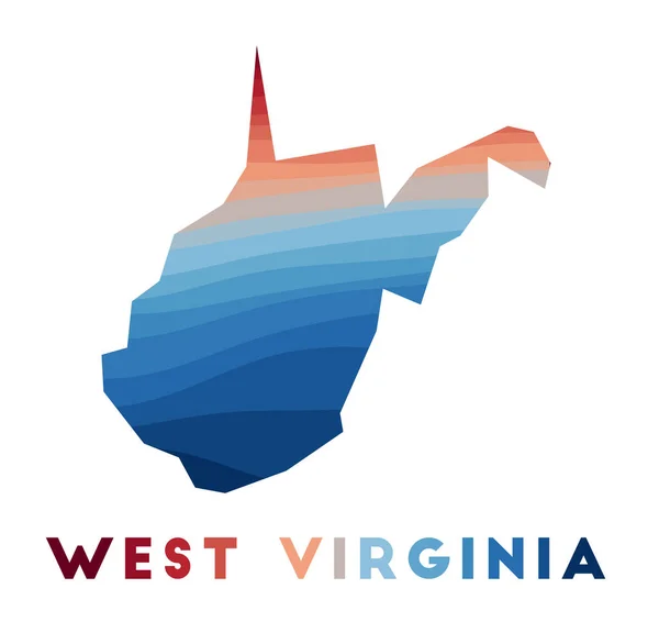 West Virginia χάρτης Χάρτης της πολιτείας μας με όμορφα γεωμετρικά κύματα σε κόκκινα μπλε χρώματα Vivid West — Διανυσματικό Αρχείο