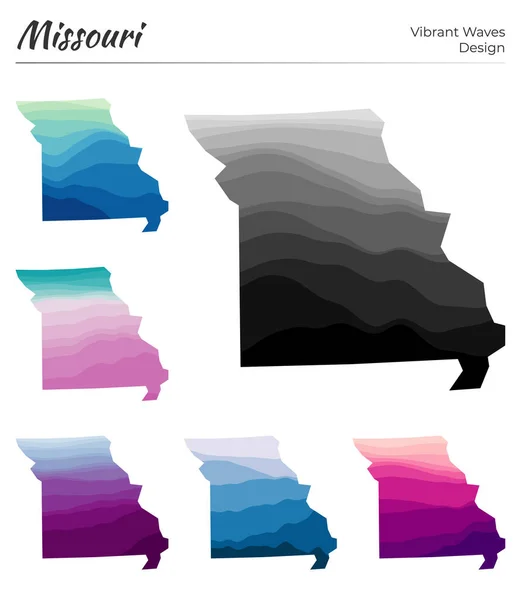 Serie di mappe vettoriali del Missouri Design a onde vibranti Luminosa mappa di noi stato geometrico liscio — Vettoriale Stock