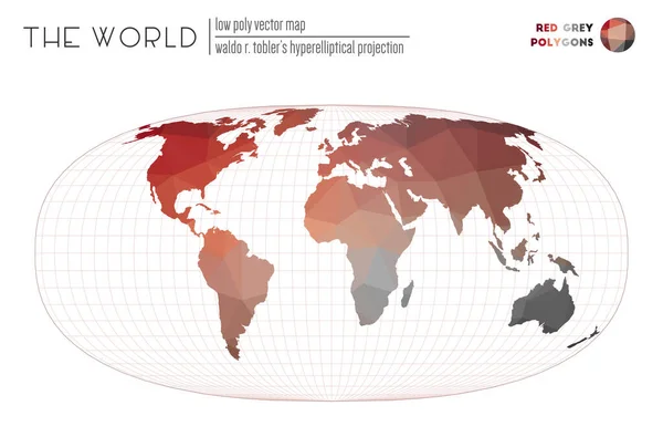 Mappa poligonale del mondo Waldo R Toblers proiezione iperellittica del mondo Rosso Grigio — Vettoriale Stock