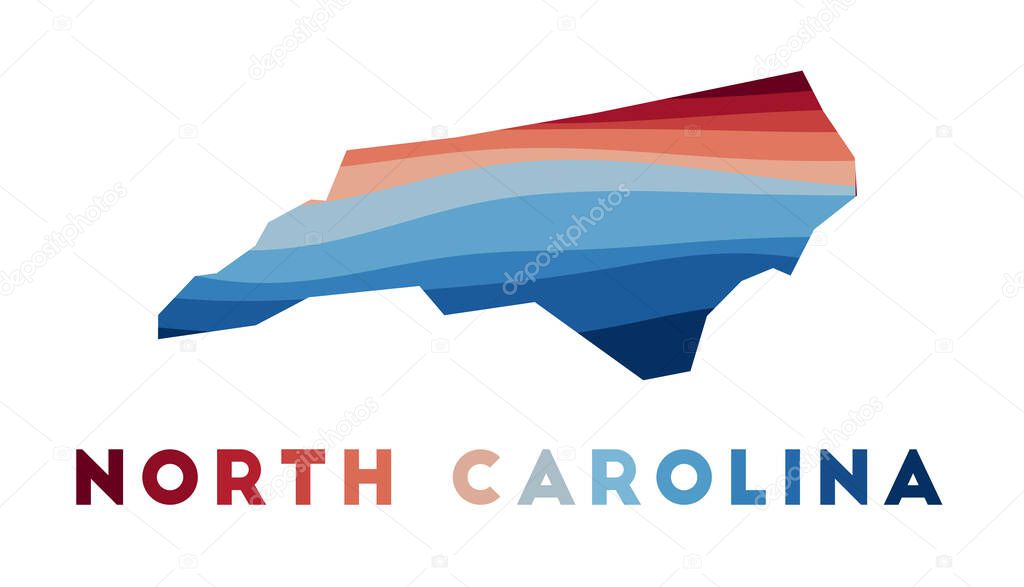 North Carolina map. Map of the us state with beautiful geometric waves in red blue colors. Vivid North Carolina shape. Vector illustration.