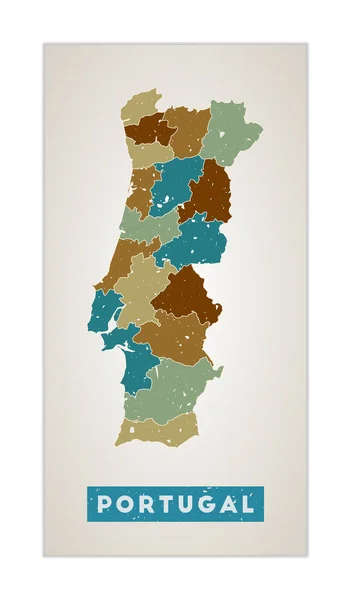 Portugal map Country poster with regions Old grunge texture Shape of Portugal with country name — Stock Vector