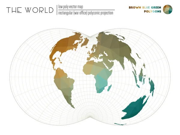 Driehoekig mazen van de wereld Rechthoekige War Office polyconische projectie van de wereld Bruin Blauw — Stockvector