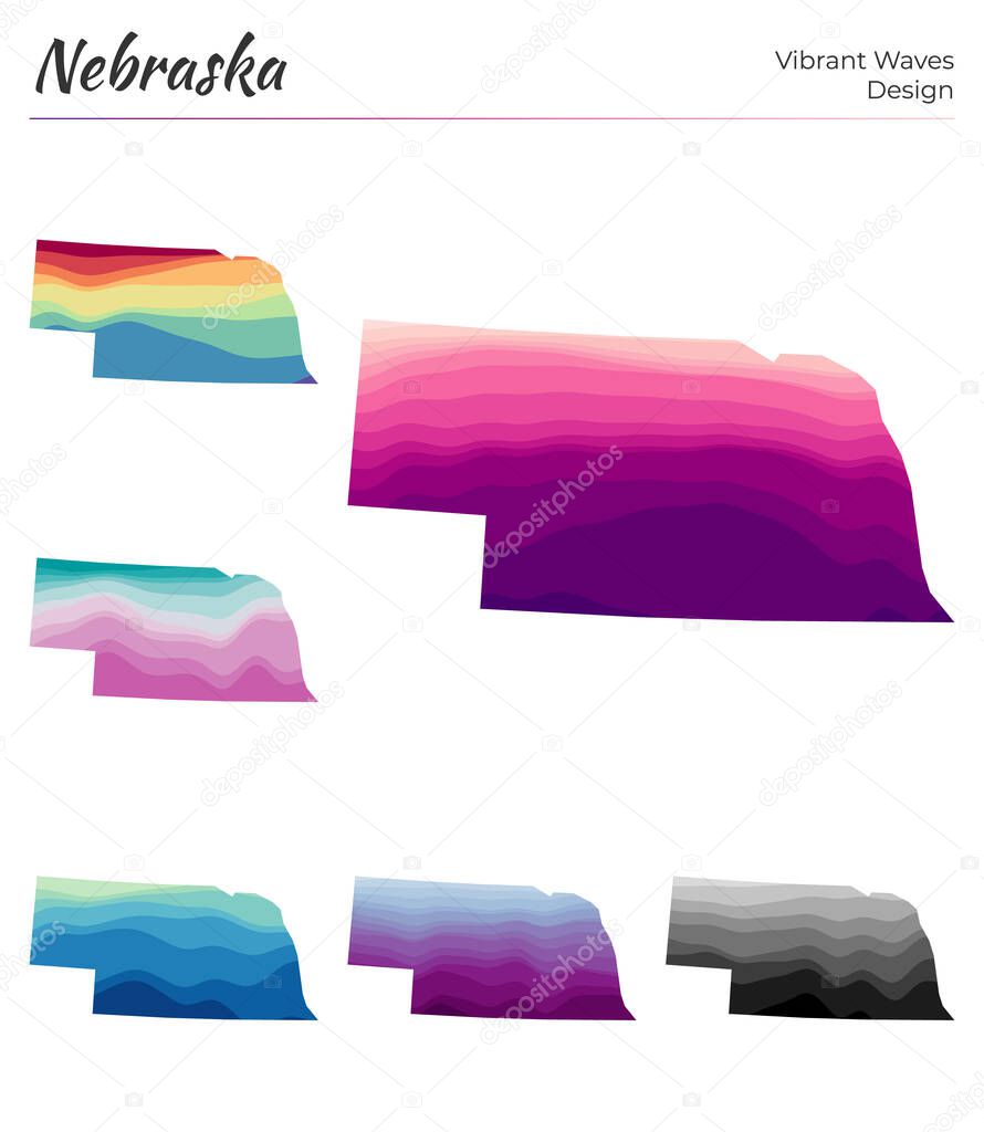 Set of vector maps of Nebraska Vibrant waves design Bright map of us state in geometric smooth