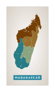 Madagaskar Haritası Bölgeli Ülke Posteri Eski Grunge desenli Madagaskar Şekli Ülkesi