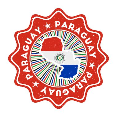 Paraguay yuvarlak grunge pulu ülke haritası ve ülke bayrağı dairesel metin ile vintage rozet ve