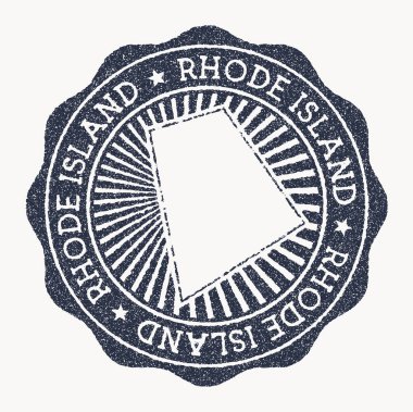 Rhode Island damgası. Üzerinde eyalet vektör illüstrasyonunun adı ve haritası olan lastik bir damga.