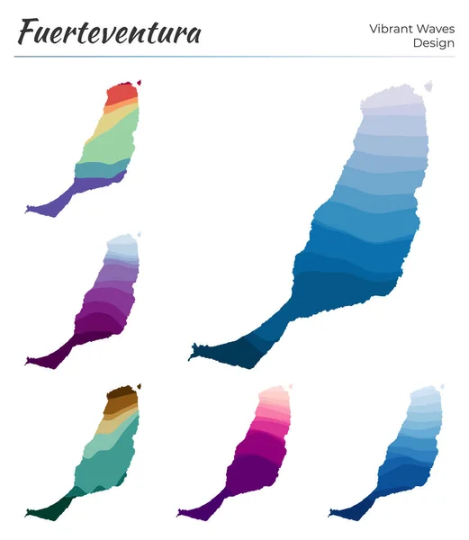 Conjunto de mapas vectoriales de Fuerteventura Diseño de ondas vibrantes Mapa luminoso de isla en suave geométrico — Vector de stock