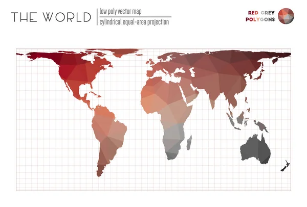 Polygonale kaart van de wereld Cilindrische equalarea projectie van de wereld Rood Grijs gekleurd — Stockvector