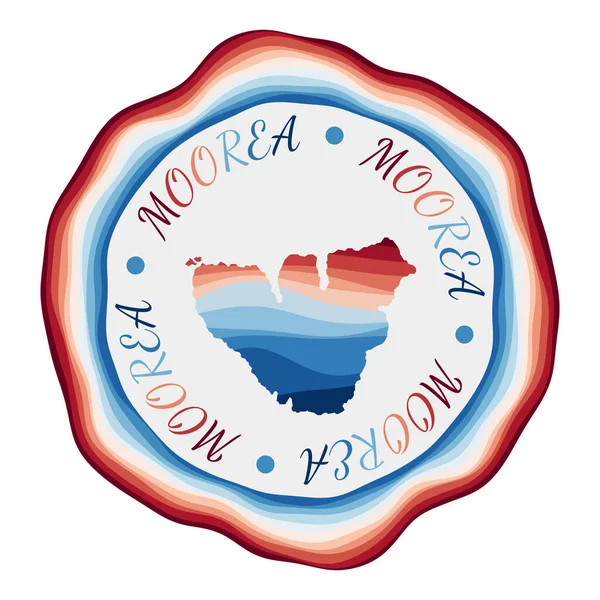 Insignia de Moorea Mapa de la isla con hermosas olas geométricas y vibrante marco rojo azul Vivid — Vector de stock