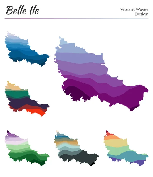 Conjunto de mapas vectoriales de Belle Ile Diseño de ondas vibrantes Mapa brillante de la isla en geometría lisa — Vector de stock