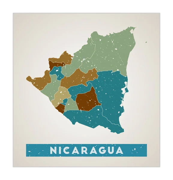 Νικαράγουα χάρτης Χώρα αφίσα με τις περιοχές Παλιά grunge υφή Σχήμα της Νικαράγουας με τη χώρα — Διανυσματικό Αρχείο