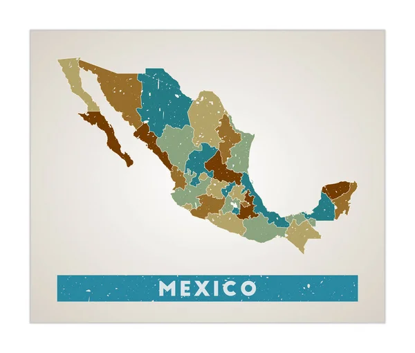 Mexico map Country poster with regions Old grunge texture Shape of Mexico with country name — Stock Vector