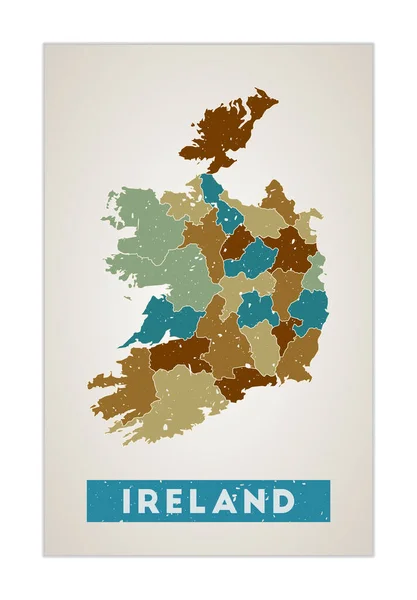 Irlanda mapa País pôster com regiões Velha textura grunge Forma da Irlanda com nome do país —  Vetores de Stock